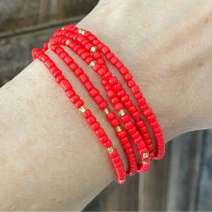 Red & Gold Africa Style Seed Bead Waist Beads Stretch Bracelet
